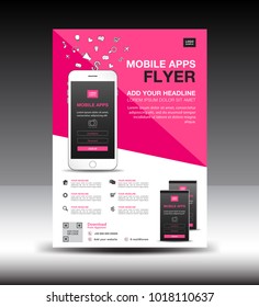 Mobile Apps Flyer template. Business brochure flyer design layout. smartphone icons mockup. application presentation. Magazine ads. Pink cover. poster. leaflet. infographics. advertisement. in A4 size