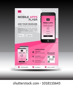 Mobile Apps Flyer template. Business brochure flyer design layout. smartphone icons mockup. application presentation. Magazine ads. Pink cover. poster. leaflet. infographics. advertisement. in A4 size