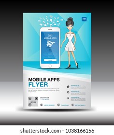 Mobile Apps Flyer template. Business brochure flyer design layout. smartphone icon mockup. application presentation. Magazine ads. Blue cover. poster. leaflet. advertisement. pretty girl Vector. in A4