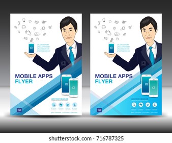 Mobile Apps Flyer template. Business brochure flyer design layout. smartphone icons mockup. application presentation. Magazine ads. Blue cover. poster, leaflet. infographics. advertisement. in A4 size