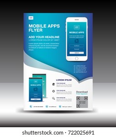 Mobile Apps Flyer template. Business brochure flyer design layout. smartphone icons mockup. application presentation. Magazine ads. Blue cover. poster. leaflet. infographics. advertisement. in A4 size