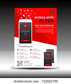 Mobile Apps Flyer template. Business brochure flyer design layout. smartphone icons mockup. application presentation. Magazine ads. red cover. poster. leaflet. infographics. advertisement. in A4 size