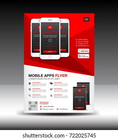 Mobile Apps Flyer template. Business brochure flyer design layout. smartphone icons mockup. application presentation. Magazine ads. red cover. poster. leaflet. infographics. advertisement. in A4 size