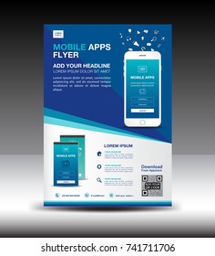 Mobile Apps Flyer template. Business brochure flyer design layout. smartphone icons mockup. application presentation. Magazine ads. Blue cover. poster. leaflet. infographics. advertisement. in A4 size