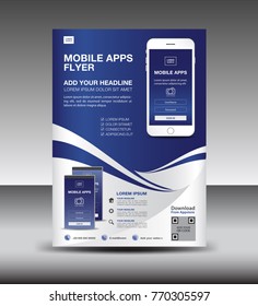 Mobile Apps Flyer template. Business brochure flyer design layout. smartphone icons mockup. application presentation. Magazine ads. Blue cover. poster. leaflet. infographics. advertisement. in A4 size