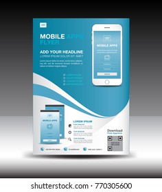 Mobile Apps Flyer template. Business brochure flyer design layout. smartphone icons mockup. application presentation. Magazine ads. Blue cover. poster. leaflet. infographics. advertisement. in A4 size