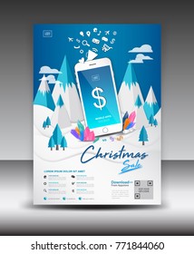 Mobile Apps Flyer template on Winter Landscape Background. Business brochure flyer design layout. smartphone icons mockup. application presentation. Magazine ads. Blue cover.poster. Christmas sale. a4