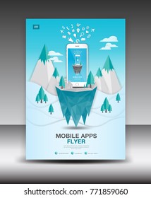 Mobile Apps Flyer template on Winter Landscape Background. Business brochure flyer design layout. smartphone icons mockup. application presentation. Magazine ads. Blue cover.poster. Christmas sale. A4