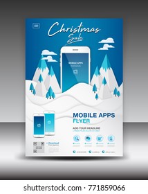 Mobile Apps Flyer template on Winter Landscape Background. Business brochure flyer design layout. smartphone icons mockup. application presentation. Magazine ads. Blue cover.poster. Christmas sale. A4