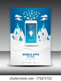 Mobile Apps Flyer template on Winter Landscape Background. Business brochure flyer design layout. smartphone icons mockup. application presentation. Magazine ads. Blue cover.poster. Christmas sale. A4