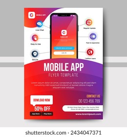 Mobile Apps Flyer template with red and blue cover. Business brochure flyer design layout. smartphone icons mockup. application presentation. Magazine ads. poster. leaflet. infographics. in A4 size