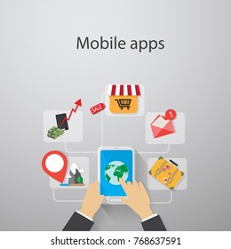 Mobile apps, hand touching digital tablet, social media concept