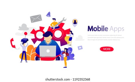 Mobile apps horizontal banner template for web page. Responsive design for website. Red button on home page. Isolated flat vector illustration