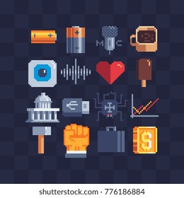 Mobile apps icons design. Pixel art. Business theme, bank building, Microphone and battery. Cup of coffee and ice cream. 8-bit sprites. Game assets. Isolated abstract vector illustrations.