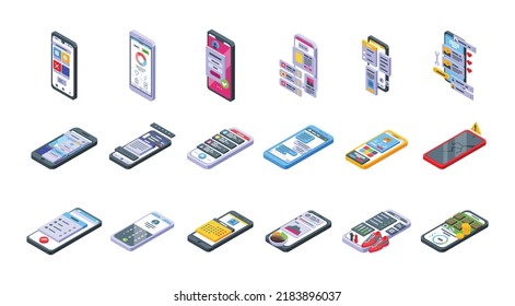 Mobile apps icons set isometric vector. Customer phone. Social experience