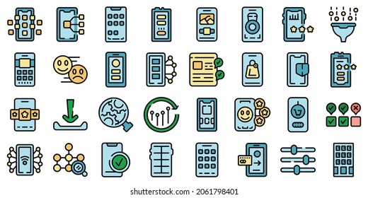 Los iconos de aplicaciones móviles establecen el vector de esquema. Teléfono del cliente. Experiencia social