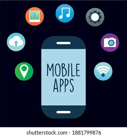 mobile apps lettering on a phone with a bundle of apps icons vector illustration design