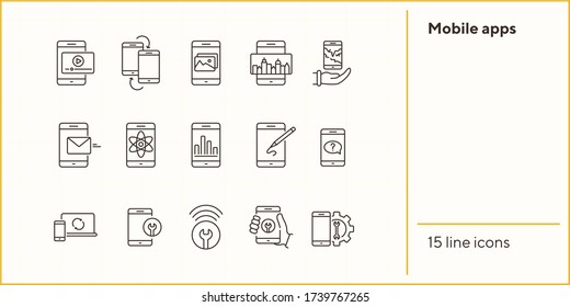 Mobile apps line icon set. Video content, images, analysis. Digital gadgets concept. Can be used for topics like communication, smartphone using, application design