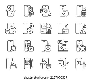 Mobile apps line icons. Smartphone device, phone report and download app set. Finger touch, mobile payment and phone device app line icons. Calculate report, smartphone code, chat message. Vector