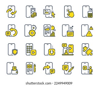 Iconos de línea de aplicaciones móviles. Dispositivo Smartphone, informe de teléfono y juego de aplicaciones de descarga. Iconos de la línea de la aplicación para el dedo, pago móvil y dispositivo de teléfono. Calcular informe, código de smartphone, mensaje de chat. Vector