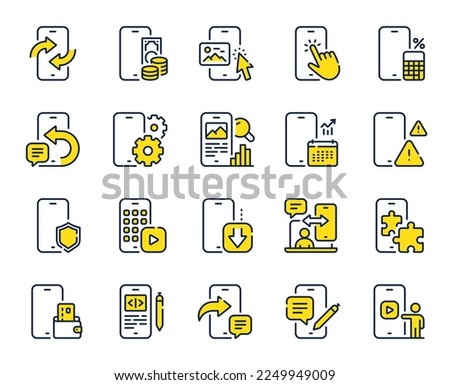 Mobile apps line icons. Smartphone device, phone report and download app set. Finger touch, mobile payment and phone device app line icons. Calculate report, smartphone code, chat message. Vector