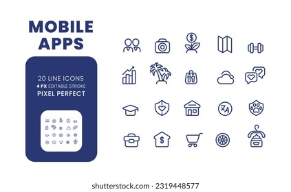 Mobile apps linear desktop icons set. Digital business. Social media. Online services. E commerce. Pixel perfect, outline 4px. Isolated user interface elements pack for website. Editable stroke