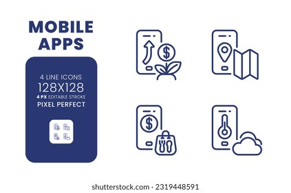 Mobile apps linear desktop icons set. Market research. Information technology. Digital tools. Pixel perfect 128x128, outline 4px. Isolated user interface elements pack for website. Editable stroke