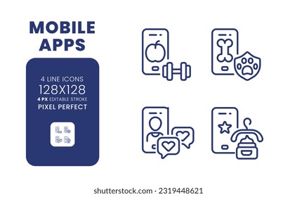 Aplicaciones móviles con iconos de escritorio lineales establecidos. Compromiso con el cliente. Influencia en la comercialización. Píxel perfecto 128x128, contorno 4px. Paquete de elementos de interfaz de usuario aislados para el sitio web. Trazo editable