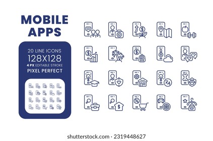 Mobile apps linear desktop icons set. Software development. Social media marketing. Pixel perfect 128x128, outline 4px. Isolated user interface elements pack for website. Editable stroke