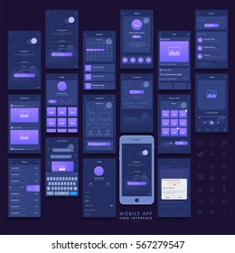 Mobile Apps Material Design, UI, UX, GUI and Web Symbols with Sign In, Sign Up, Calendar, Search, Notification, Profile, Connection and Rating Screens.