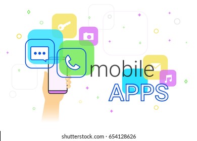 Mobile apps on smartphone concept illustration. Human hand holds smart phone with popular apps such as messenger, voice call, camera, e-mail. Applications and modern lifestyle. Creative banner for web