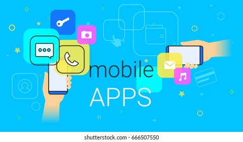 Mobile apps on smartphone concept vector illustration. Human hands hold smart phone with popular apps such as messenger, voice call, camera, e-mail. Applications and modern lifestyle. Creative banner