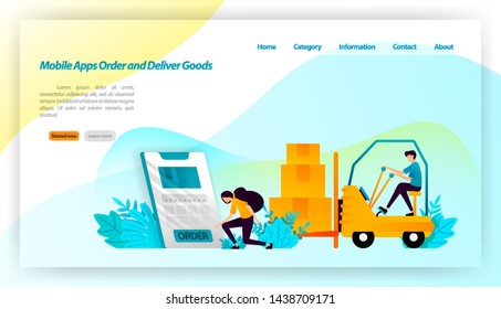 Mobile apps Order and Deliver Goods. ordering packages from online store is deliver to warehouse and consumer. transportation equipment illustration concept for landing page, ui, website, mobile app