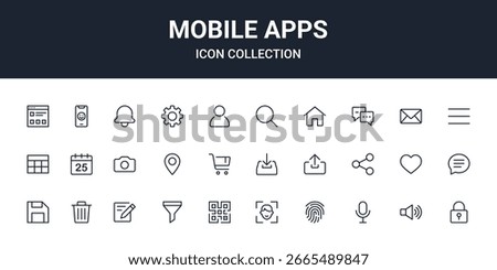 Mobile apps outline icon collection for ui ux design web and digital interface
