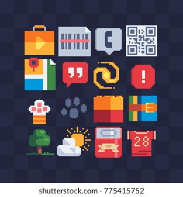 Mobile apps pixel art icon design. Shopping bag, QR code, map label and file folder archive. 8-bit. Game assets. Isolated vector flat illustration.