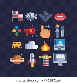 Mobile apps pixel art icon design. American flag. Female mouth and speaker. Cloud, PC, monitor, saturn and rocket. Bat, fish, brush and pipette. 8-bit. Game assets. Isolated vector flat illustration.