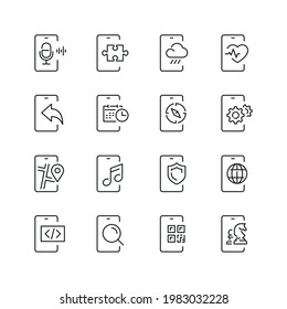 Mobile apps related icons: thin vector icon set, black and white kit