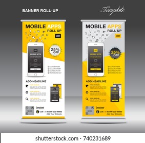 MOBILE APPS Roll up banner template, stand layout, yellow banner, application presentation, infographics, advertisement, flyer, x-banner, poster, advertisement, print media advertising