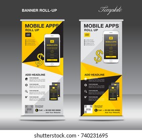 MOBILE APPS Roll up banner template, stand layout, yellow banner, application presentation, infographics, advertisement, flyer, x-banner, poster, advertisement, print media advertising