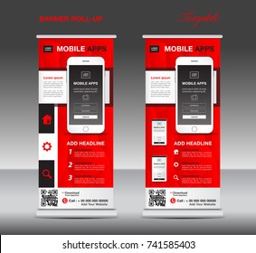 MOBILE APPS Roll up banner template, stand layout, red banner, application presentation, infographics, advertisement, flyer, x-banner, j-flag, poster, advertisement, print media advertising