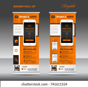 MOBILE APPS Roll up banner template, stand layout, Orange banner, application presentation, infographics, advertisement, flyer, x-banner, j-flag, poster, advertisement, print media advertising
