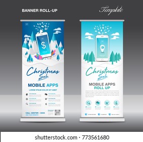 Mobile apps Roll up banner template on Winter Landscape Background, Christmas sale, stand layout, blue banner, application presentation, infographics, advertisement, flyer, x-banner, j-flag, poster