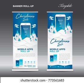 Aplicaciones móviles Acumulando plantilla de banner en Winter Landscape Background, Venta de Navidad, Diseño de stand, Banner azul, presentación de aplicaciones, infografías, publicidad, volante, banner x, bandera j, afiche