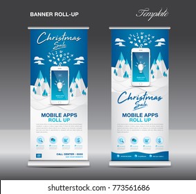 Mobile apps Roll up banner template on Winter Landscape Background, Christmas sale, stand layout, blue banner, application presentation, infographics, advertisement, flyer, x-banner, j-flag, poster