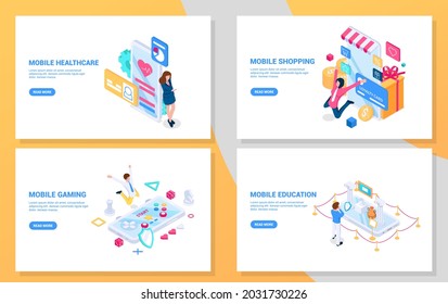 Mobile apps. Set of 4 isometric concepts. Apps for healthcare , entertainment, gaming and shopping. Vector illustrations on white background.