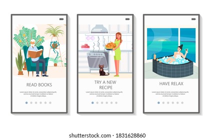 Mobile apps set of daily routine or activity during isolation period or weekend rest at home. Flat Art Vector Illustration