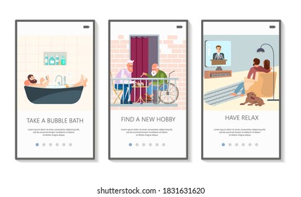 Mobile apps set of daily routine during isolation period or weekend rest at home. Flat Art Vector Illustration