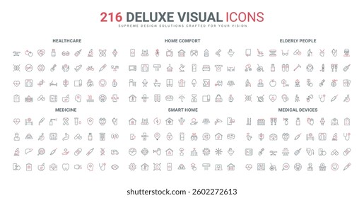Mobile apps for smart home, online control of settings, medical devices, elderly line icon set. Equipment, furniture and plants for home comfort thin black and red outline symbols vector illustration