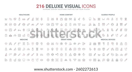 Mobile apps for smart home, online control of settings, medical devices, elderly line icon set. Equipment, furniture and plants for home comfort thin black and red outline symbols vector illustration