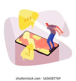 Mobile apps and social media metaphor concept. Young man prepare to jump into online life via mobile phone application.